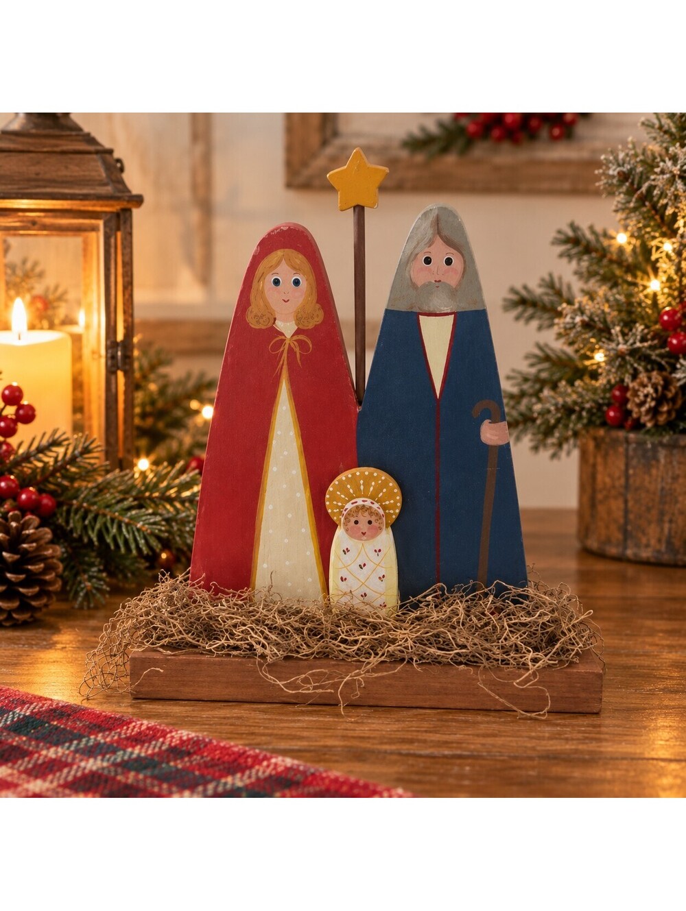 Vintage 1987 Wood Nativity Holy Family Mary Joseph Baby Jesus Folk Art